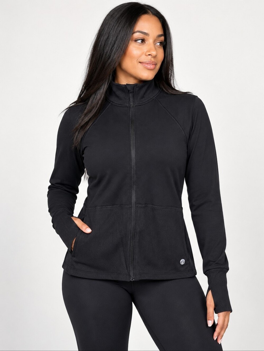 Apana Women’s Black Full Zip Athletic Jacket Thumbholes Pockets Size Large